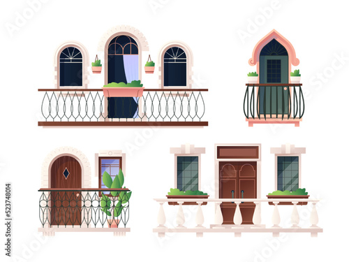 Vintage balcony with plants. Architectural exterior elements with antique doors windows and balustrade, building facade decoration. Vector illustration. Entrance with metal and stone railings