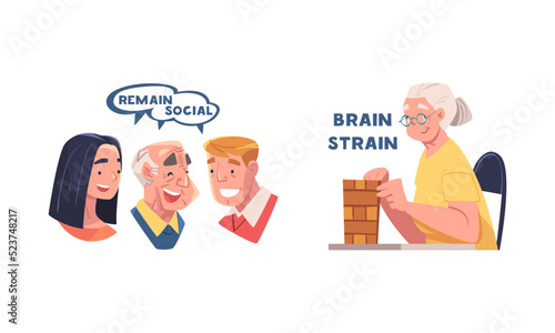 Dementia disease prevention tips set. Remain social and brain strain cartoon vector illustration