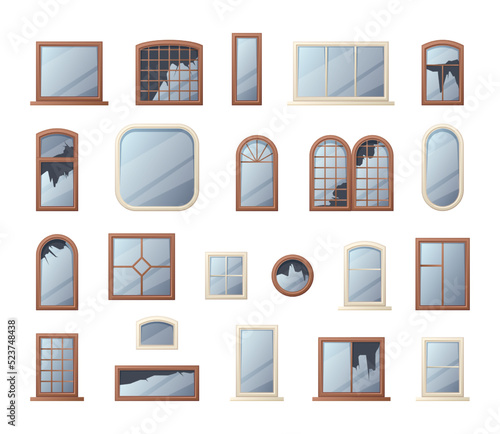 Broken windows. Shuttered glass in wooden and plastic frames, cracked home interior elements. Vector vandalism concept illustration. Cracked or damaged glass, abandoned building facade objects