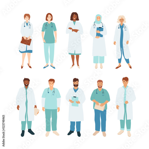 Doctors and nurse set, diverse healthcare professional team. Young women and men in medical uniform with stethoscope and holding clipboard. Vector illustration with standing people.