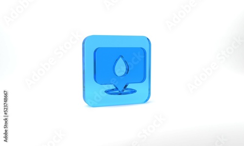 Blue Water drop with location icon isolated on grey background. Glass square button. 3d illustration 3D render © Iryna