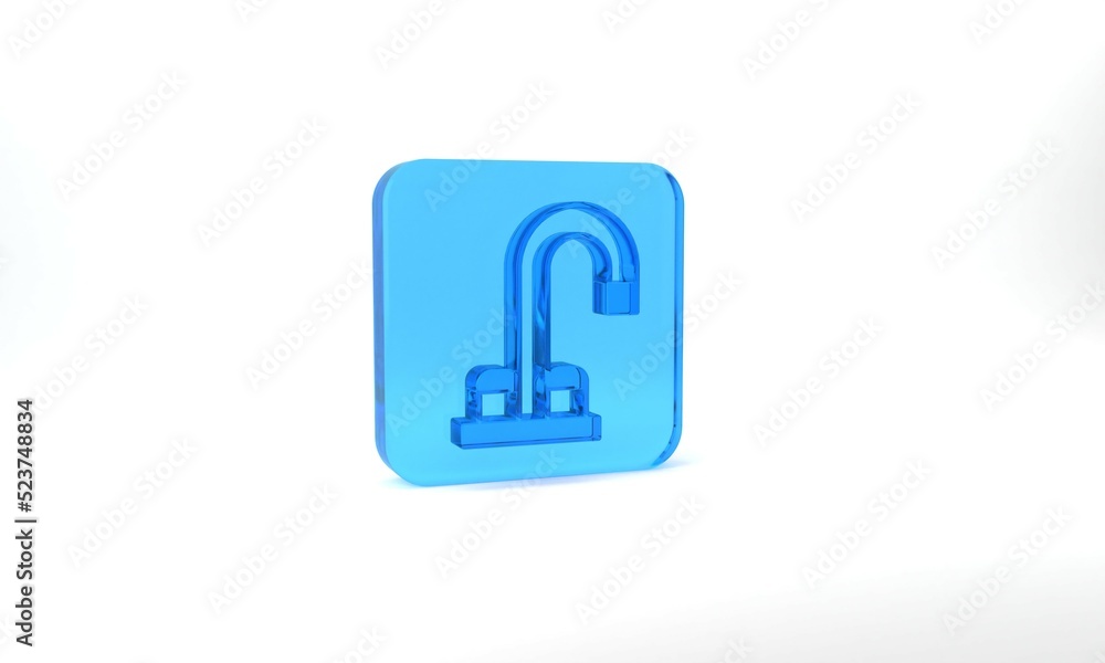Blue Water tap icon isolated on grey background. Glass square button. 3d illustration 3D render Blue Water tap icon isolated on grey background. Glass square button. 3d illustration 3D render
