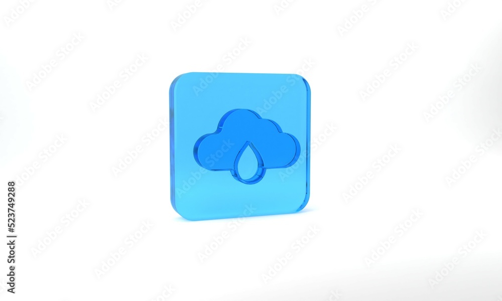 Blue Cloud with rain icon isolated on grey background. Rain cloud precipitation with rain drops. Glass square button. 3d illustration 3D render Blue Cloud with rain icon isolated on grey background. Rain cloud precipitation with rain drops. Glass square button. 3d illustration 3D render