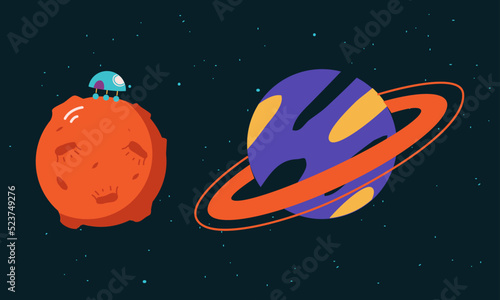 Space elements set. Solar system planets and rover cartoon vector illustration