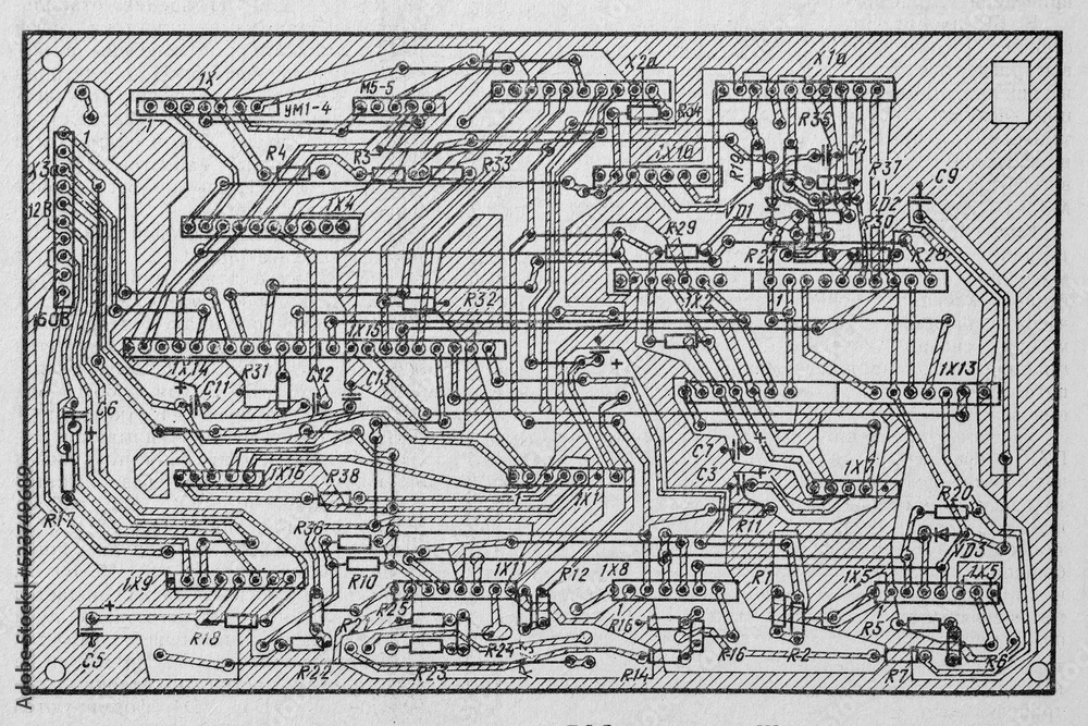 Old radio circuit printed on vintage paper electricity diagram as background for education, electricity industries and repair. Electric radio scheme from USSR