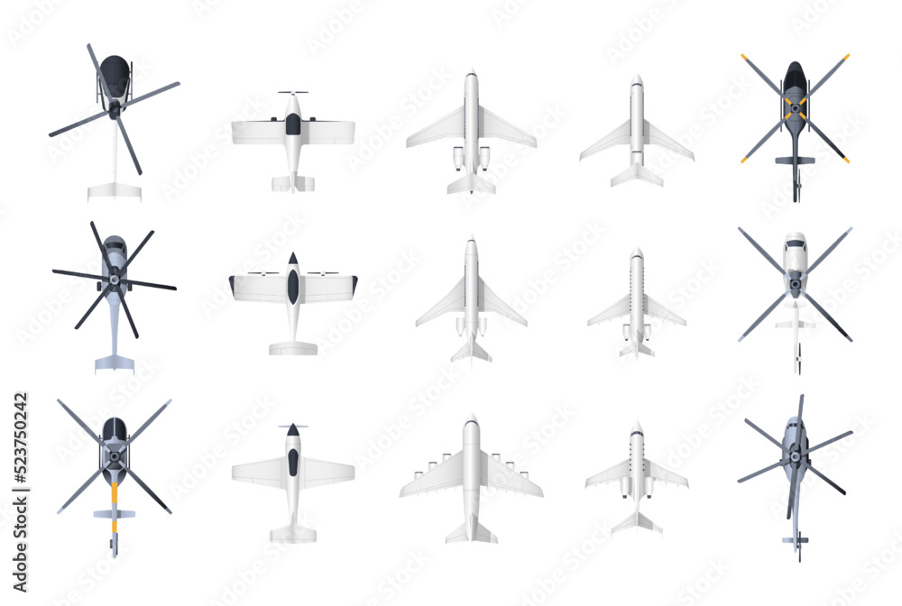 Planes and helicopters top view. Cartoon military and civil aviation aircraft, passenger and cargo airplane and helicopter models collection. Vector set. Flying vehicles for logistic Planes and helicopters top view. Cartoon military and civil aviation aircraft, passenger and cargo airplane and helicopter models collection. Vector set. Flying vehicles for logistic