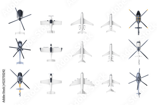Planes and helicopters top view. Cartoon military and civil aviation aircraft, passenger and cargo airplane and helicopter models collection. Vector set. Flying vehicles for logistic