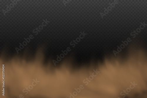 A cloud of brown dust and sand with particles of flying dry sand and dirt.Trace on a dusty road or highway from a car.Clubs of dark smoke.Realistic illustration on a transparent background.