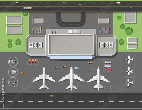 Airport terminal top view. Cartoon hangars, runway, cargo and passenger aircraft on parking area, service vehicles aerial top view. Vector city airport overhead illustration. Aviation transport