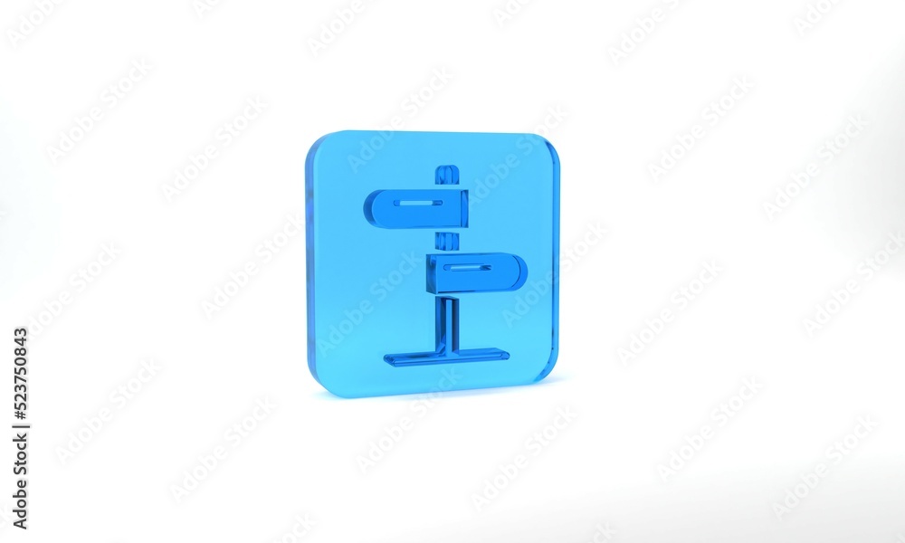 Blue Road traffic sign. Signpost icon isolated on grey background. Pointer symbol. Isolated street information sign. Direction sign. Glass square button. 3d illustration 3D render Blue Road traffic sign. Signpost icon isolated on grey background. Pointer symbol. Isolated street information sign. Direction sign. Glass square button. 3d illustration 3D render