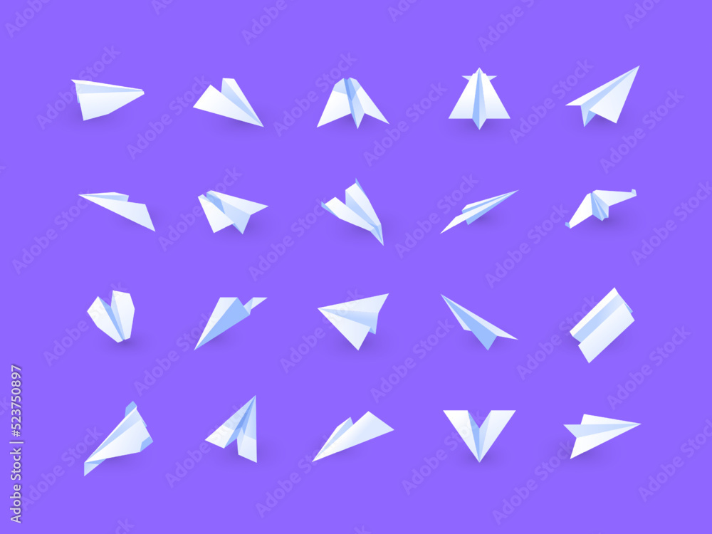 Handmade plane. Flat paper plane of various shapes, folded origami airplane shapes, symbol of message delivery and flight of imagination. Vector set. Gliding vehicle in motion, craft Handmade plane. Flat paper plane of various shapes, folded origami airplane shapes, symbol of message delivery and flight of imagination. Vector set. Gliding vehicle in motion, craft