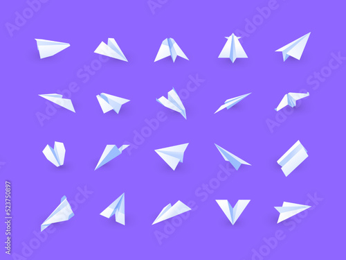 Handmade plane. Flat paper plane of various shapes, folded origami airplane shapes, symbol of message delivery and flight of imagination. Vector set. Gliding vehicle in motion, craft