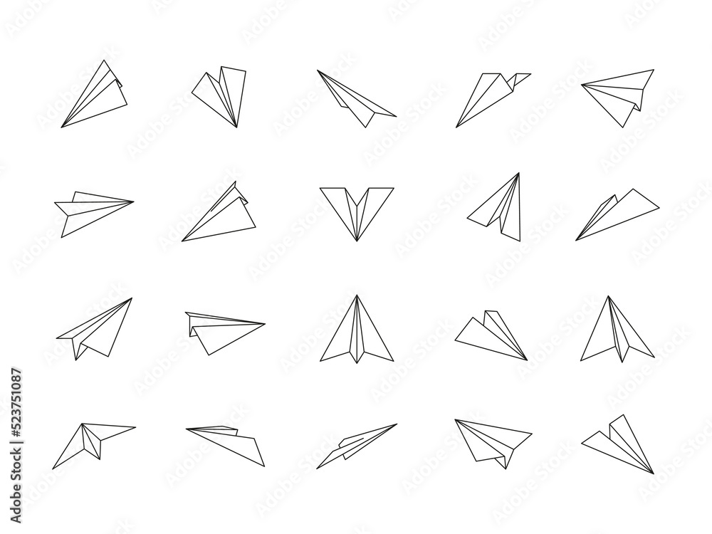 Line paper planes. Folded paper origami planes icons, direct message, flight of thought and imagination concept. Vector airplane symbol collection. Different traveling aircrafts isolated on white Line paper planes. Folded paper origami planes icons, direct message, flight of thought and imagination concept. Vector airplane symbol collection. Different traveling aircrafts isolated on white
