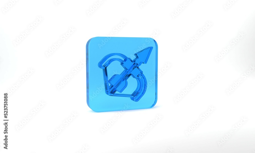 Blue Medieval bow and arrow icon isolated on grey background. Medieval weapon. Glass square button. 3d illustration 3D render Blue Medieval bow and arrow icon isolated on grey background. Medieval weapon. Glass square button. 3d illustration 3D render