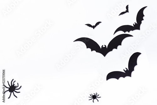 Halloween decorations concept. Halloween with spiders, black bats on white background. Flat lay, top view, copy space. © Tatyana