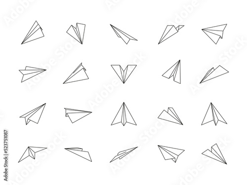Line paper planes. Folded paper origami planes icons, direct message, flight of thought and imagination concept. Vector airplane symbol collection. Different traveling aircrafts isolated on white