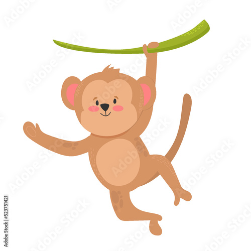 Cheerful monkey hanging on branch. Vector image