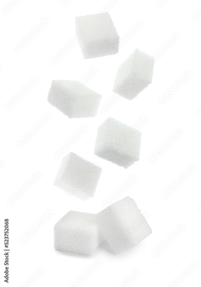 Flying cubes of sugar on white background Flying cubes of sugar on white background