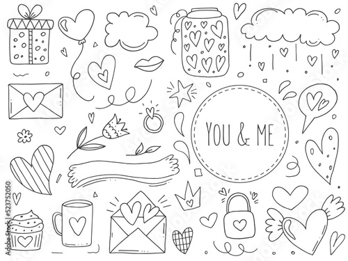 Big set of cute hand-drawn doodle elements about love. Message stickers for apps. Icons for Valentines Day, romantic events and wedding.
