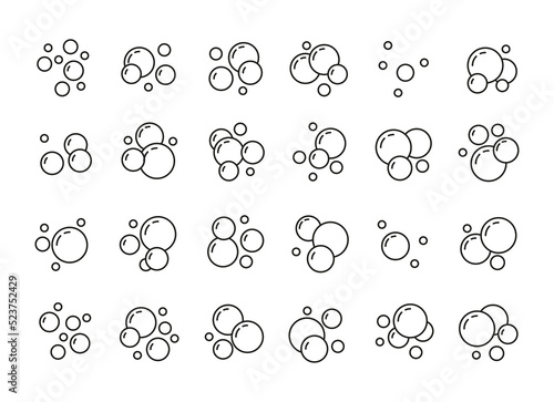 Soap bubbles line icons. Oxygen outline logo, water foam balls logo for fizzy drinks and shower gel. Vector airy champagne or soapy balls isolated collection. Gas spheres from washing chemicals