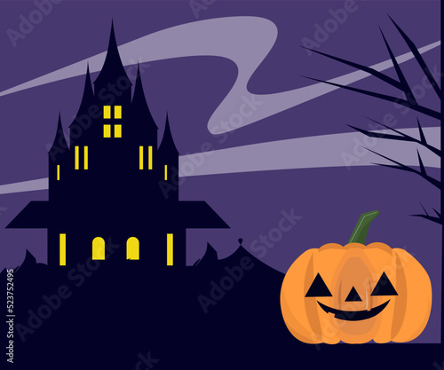 ハロウィーンのかぼちゃと背景 壁紙 屋敷 ベクターイラスト