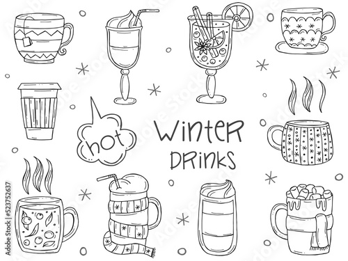 Set of a warming winter drinks on a white background. Vector illustration in doodle style. Winter mood. Hello 2023. Merry Christmas and Happy New Year.