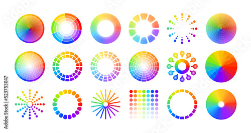 Color wheel circles. Mix of concentric round shapes with bright colors, abstract isolated set of colorwheel elements, spectrum charts with vivid palette. Vector illustration. Multicolor sections