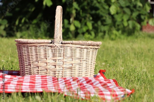 Fototapeta Naklejka Na Ścianę i Meble -  Picnic basket with checkered tablecloth on green grass outdoors, space for text