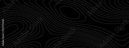 Abstract background with Topographic Map Background. Topographical style lines pattern. Geometric design contours on black backdrop Imitation of a geographical map, white lines on black background . 