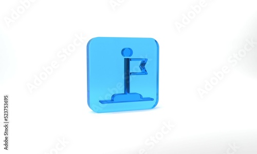 Blue Flag icon isolated on grey background. Victory, winning and conquer adversity concept. Glass square button. 3d illustration 3D render