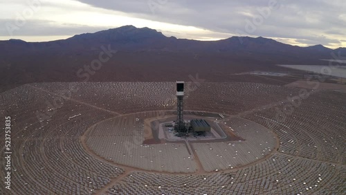 Aerial Panning Shot Of Concentrated Solar Thermal Plan In Mojave Desert During Sunset - Nipton, California photo