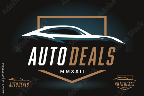 Sports car deals logo emblem. auto speed silhouette badge icon. Motor vehicle dealership emblem. Automotive showroom garage sign. Vector illustration.