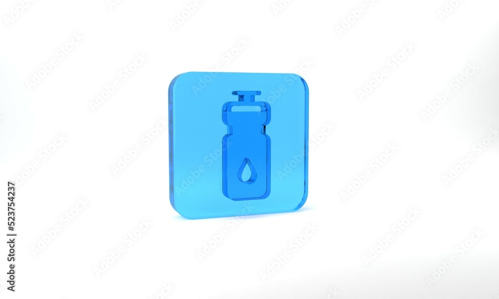 Blue Fitness shaker icon isolated on grey background. Sports shaker bottle with lid for water and protein cocktails. Glass square button. 3d illustration 3D render Blue Fitness shaker icon isolated on grey background. Sports shaker bottle with lid for water and protein cocktails. Glass square button. 3d illustration 3D render