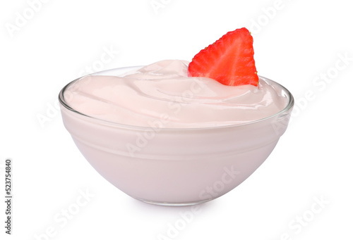 Bowl of delicious yogurt with strawberry isolated on white