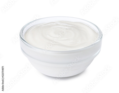 Bowl with delicious organic yogurt isolated on white