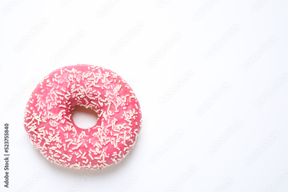 Delicious glazed donut on white background, top view. Space for text Delicious glazed donut on white background, top view. Space for text