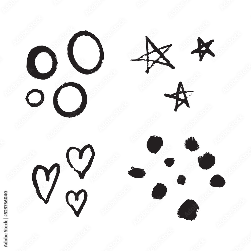 Grunge style elements, hand-drawn with a brush. Hearts, dots, circles, stars. Vector simple doodle style. Grunge style elements, hand-drawn with a brush. Hearts, dots, circles, stars. Vector simple doodle style.