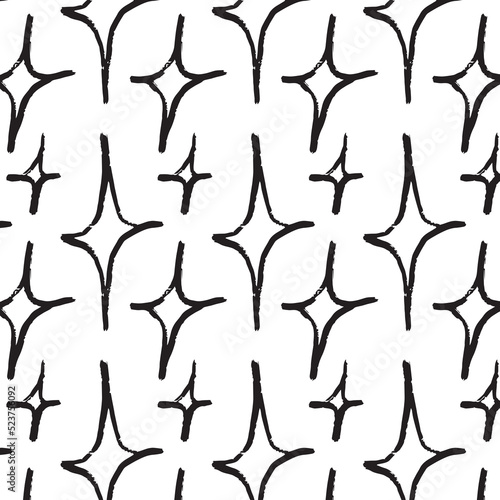Seamless pattern in stars or radiance. Four pointed star. Grunge vector hand drawn grungy cute doodle.