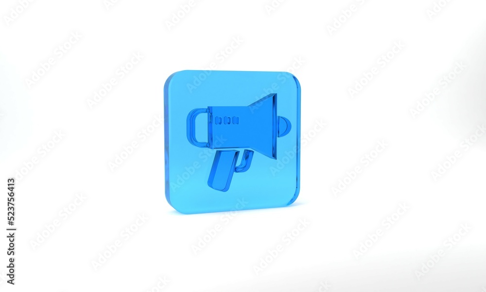 Blue Megaphone icon isolated on grey background. Speaker sign. Glass square button. 3d illustration 3D render Blue Megaphone icon isolated on grey background. Speaker sign. Glass square button. 3d illustration 3D render