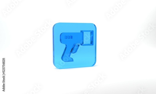 Blue Scanner scanning bar code icon isolated on grey background. Barcode label sticker. Identification for delivery with bars. Glass square button. 3d illustration 3D render