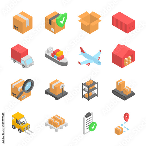 Logistics isometric icons set. Transportation, storage and delivery of goods. Parcel, cargo. Objects collection.