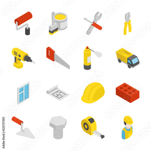 Construction, repair isometric icons set. Renovation. Tools for home repair work. Objects collection. Vector illustration