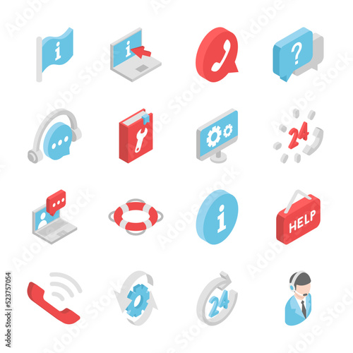 Support, Info isometric icons set. Contact us. Technical Support. Assistance. Answering your question. Objects collection. Vector illustration