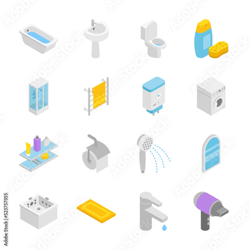 Bathroom isometric icons set. Bathroom, toilet equipment. Bathtub, shower stall, sink, toilet, care product and more. Objects collection.