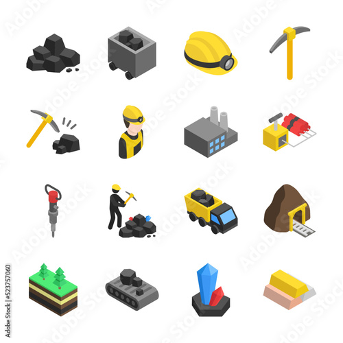 Mining industry isometric icons set. Mine. Extraction of minerals, resources. Equipment and rocks. Objects collection