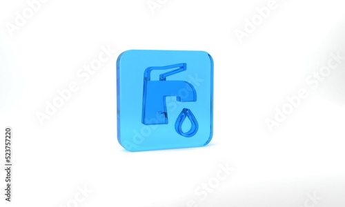 Blue Water tap icon isolated on grey background. Glass square button. 3d illustration 3D render © Iryna