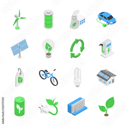 Green Energy isometric icons set. Production of clean environmental energy. Life with the use of electricity safe for the environment. Objects collection