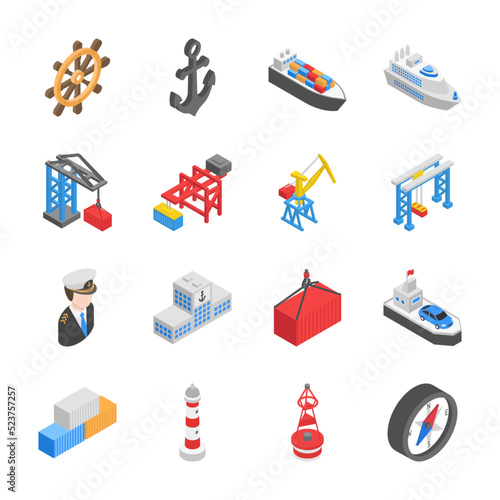Seaport isometric icons set. Seafaring, shipping industry, cranes, shipment of cargo, civilian and cargo ships. Objects collection