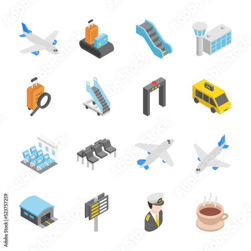 Airport isometric icons set. Air travel. Boarding area, baggage check, waiting room. Objects collection