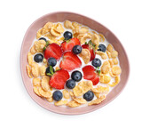 Bowl of tasty crispy corn flakes with milk and berries isolated on white, top view